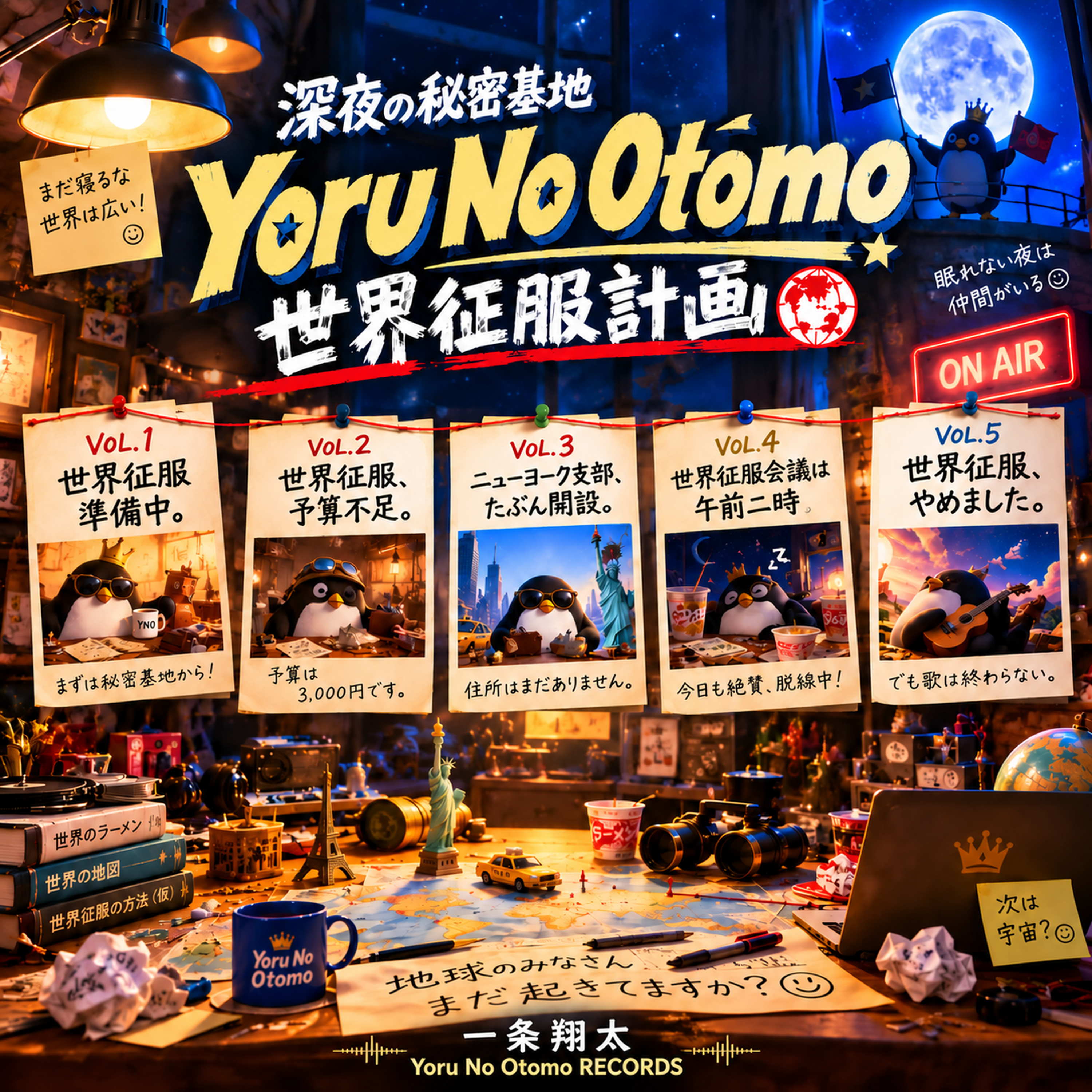 Yoru No Otomo 世界征服計画。深夜の秘密基地に集うペンギンとVol.1〜5の作戦メモ。